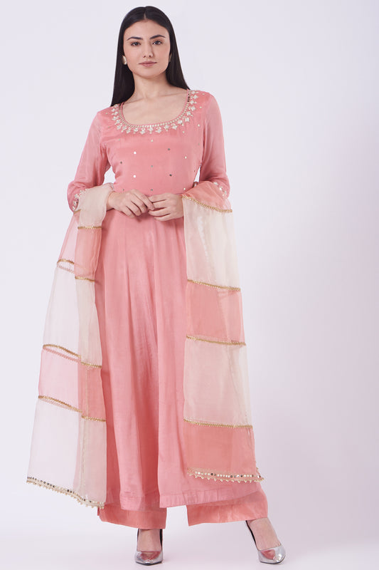 Pink Chiffon Mirror Work Anarkali Set