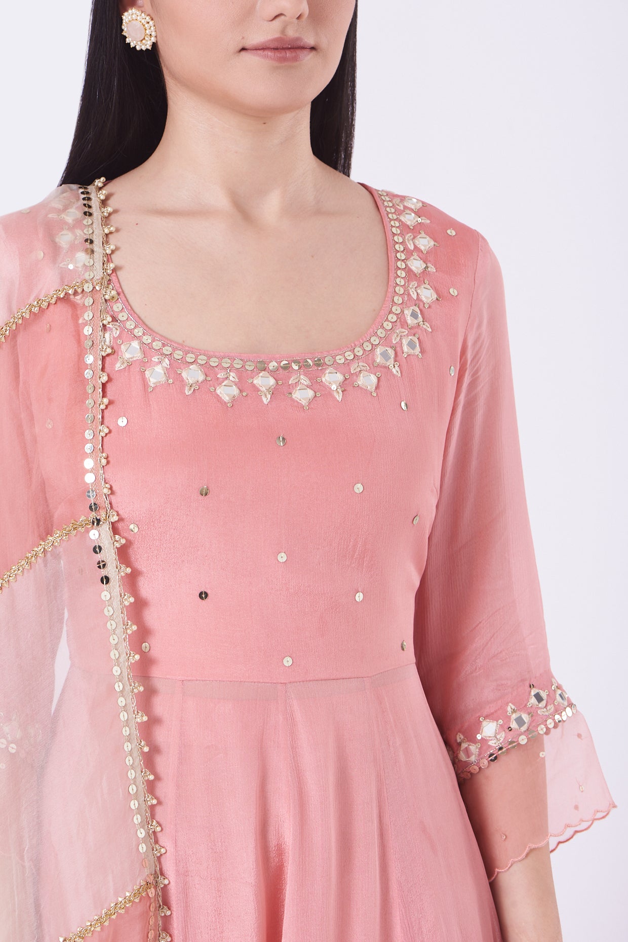 Pink Chiffon Mirror Work Anarkali Set