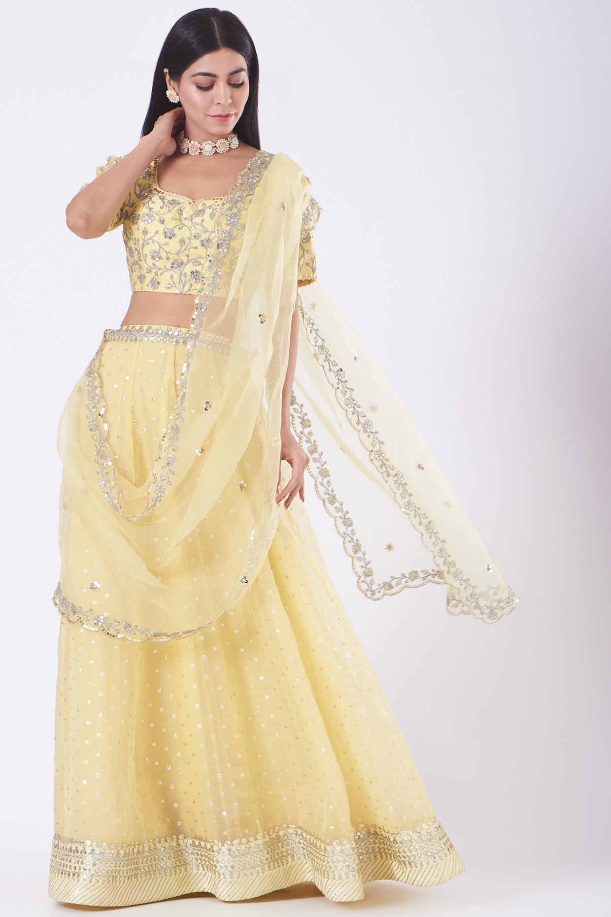 Lemon Embroidered Organza Lehenga Set