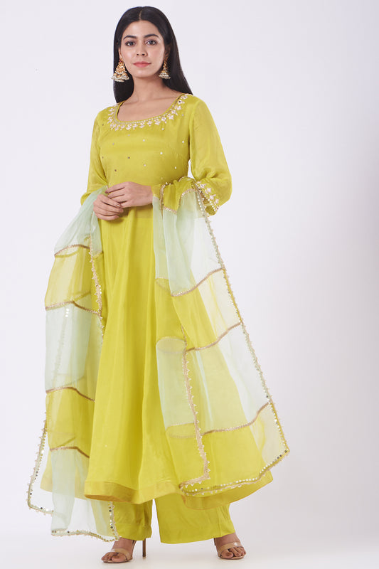 Moss Green Chiffon Mirror Work Anarkali Set