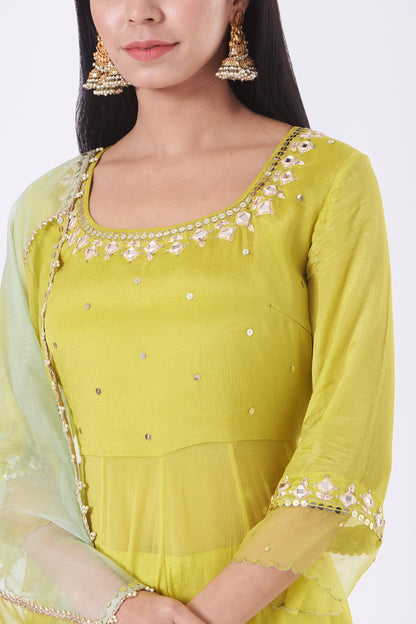 Moss Green Chiffon Mirror Work Anarkali Set