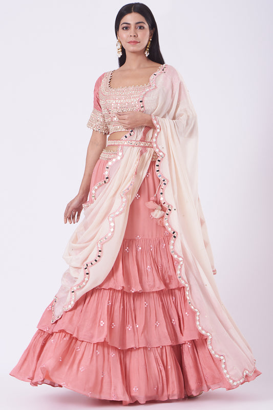 Rose Pink Mirror Work Tiered Lehenga Set