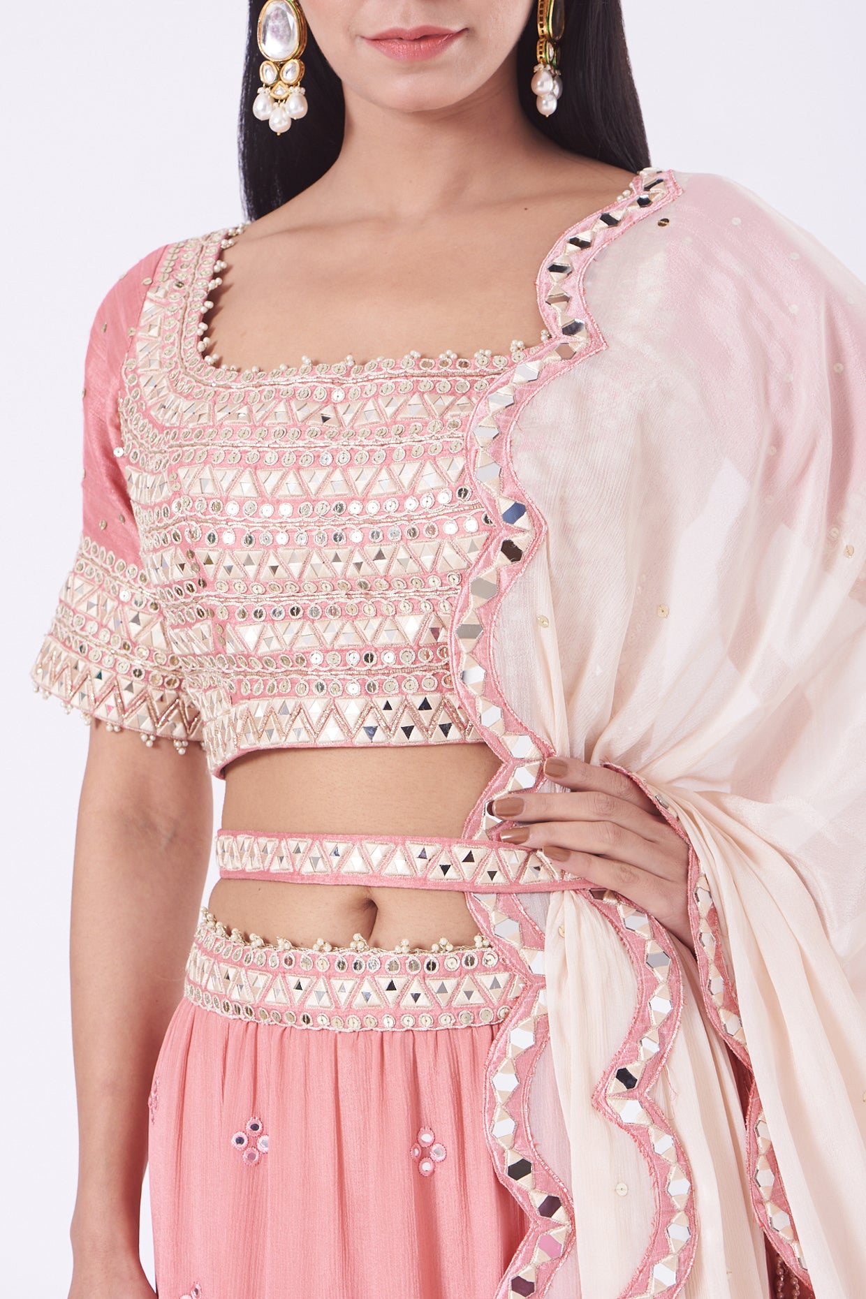 Rose Pink Mirror Work Tiered Lehenga Set