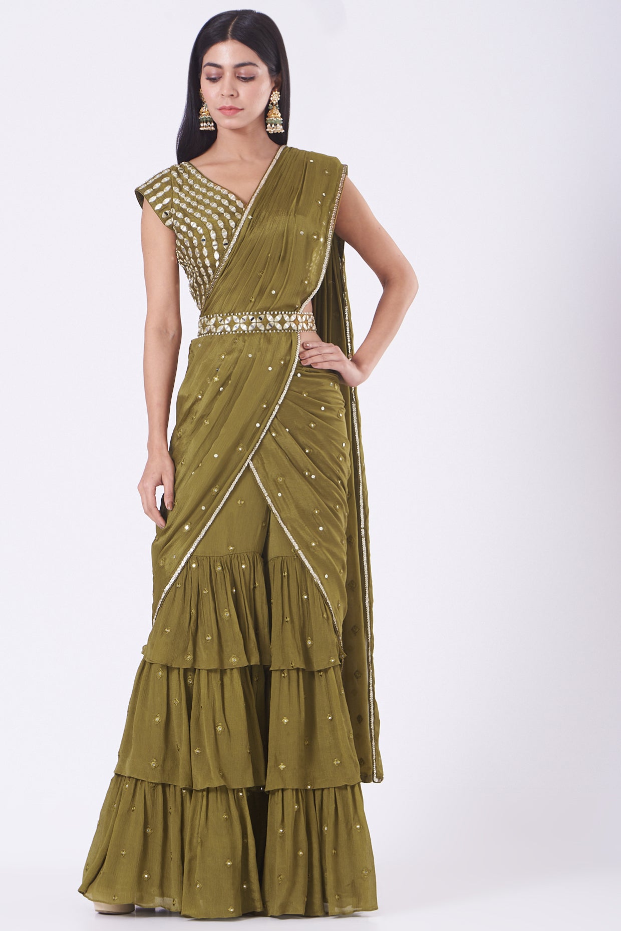 Olive Green Mirror Work Draped Gharara Set