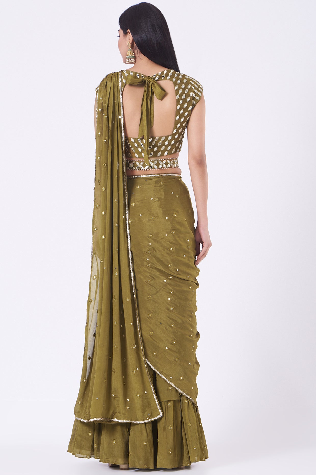 Olive Green Mirror Work Draped Gharara Set