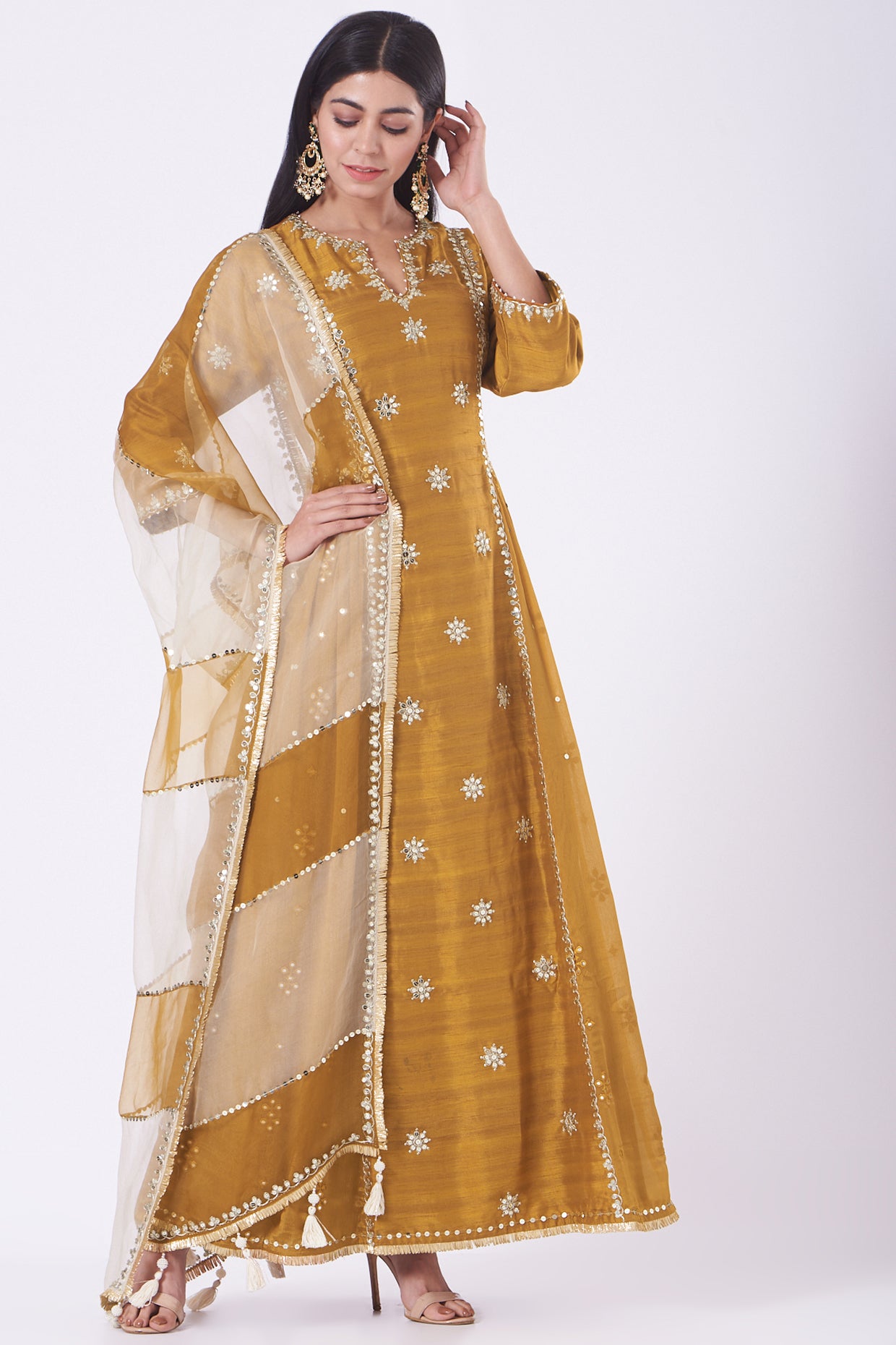 Caramel Silk Embroidered Long Anarkali Set