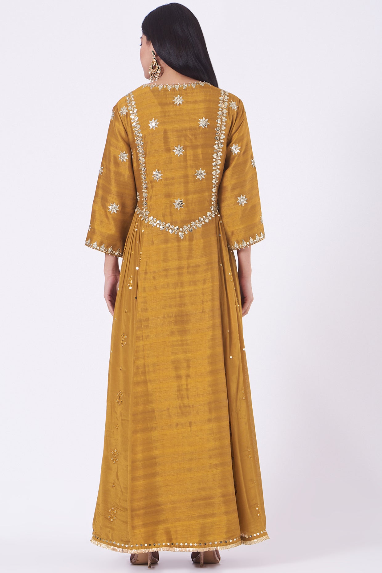 Caramel Silk Embroidered Long Anarkali Set