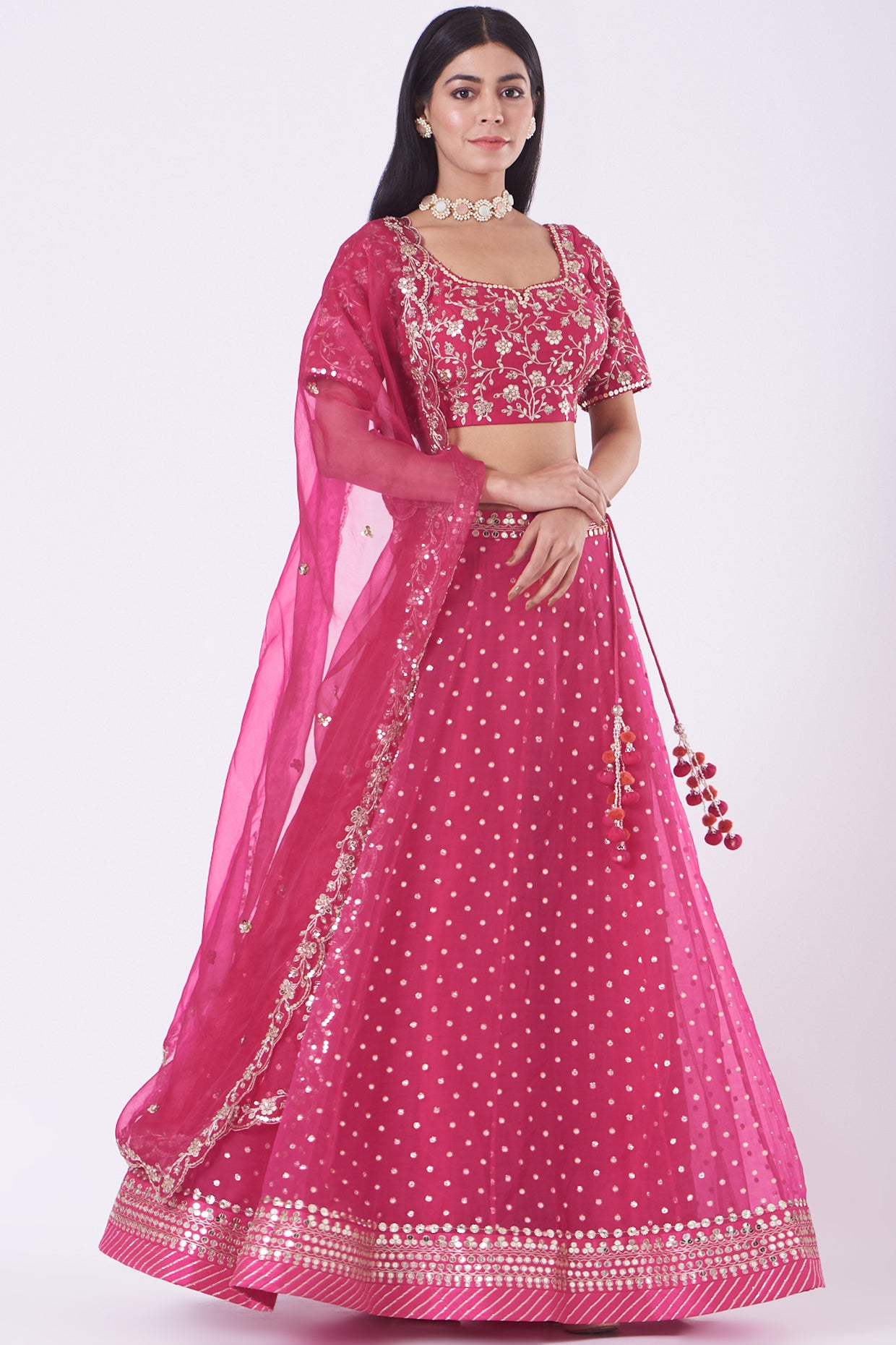 Hot Pink Embroidered Organza Lehenga Set