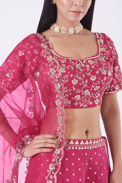 Hot Pink Embroidered Organza Lehenga Set