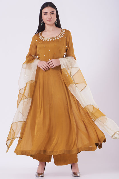 Caramel Chiffon Mirror Work Anarkali Set