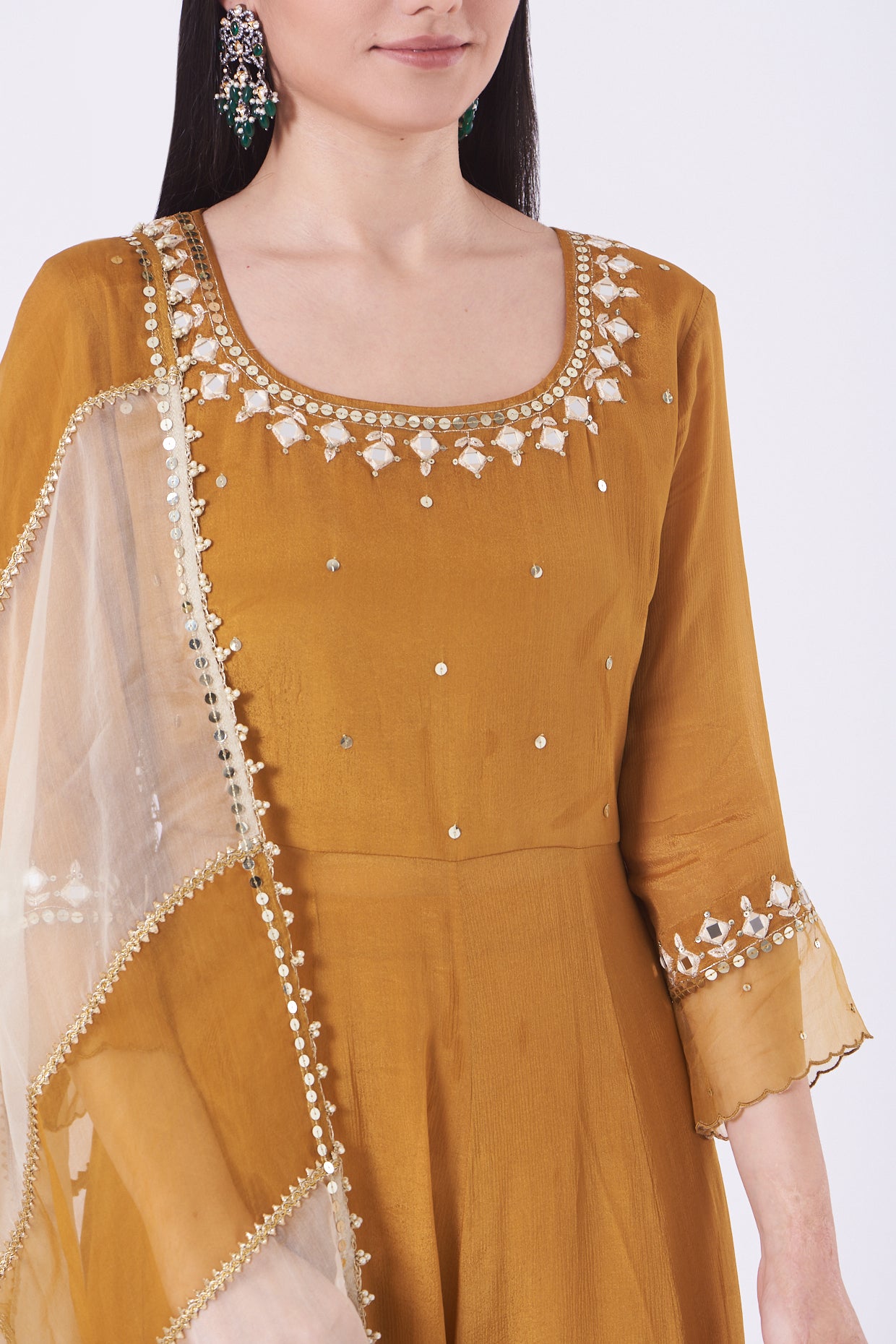 Caramel Chiffon Mirror Work Anarkali Set