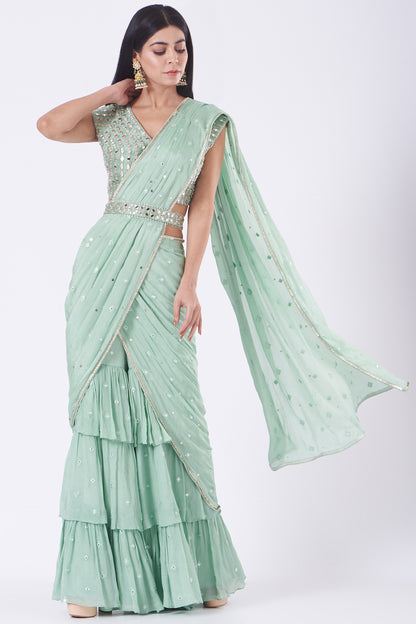 Aqua Mirror Work Draped Gharara Set