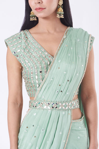 Aqua Mirror Work Draped Gharara Set