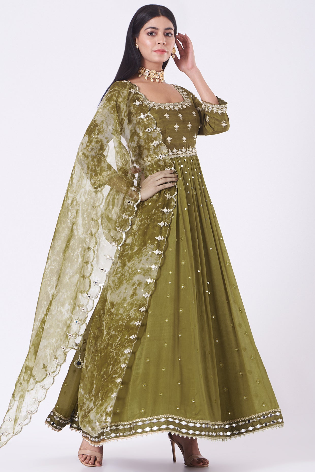 Olive Green Mirror Work Anarkali Set