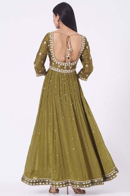 Olive Green Mirror Work Anarkali Set