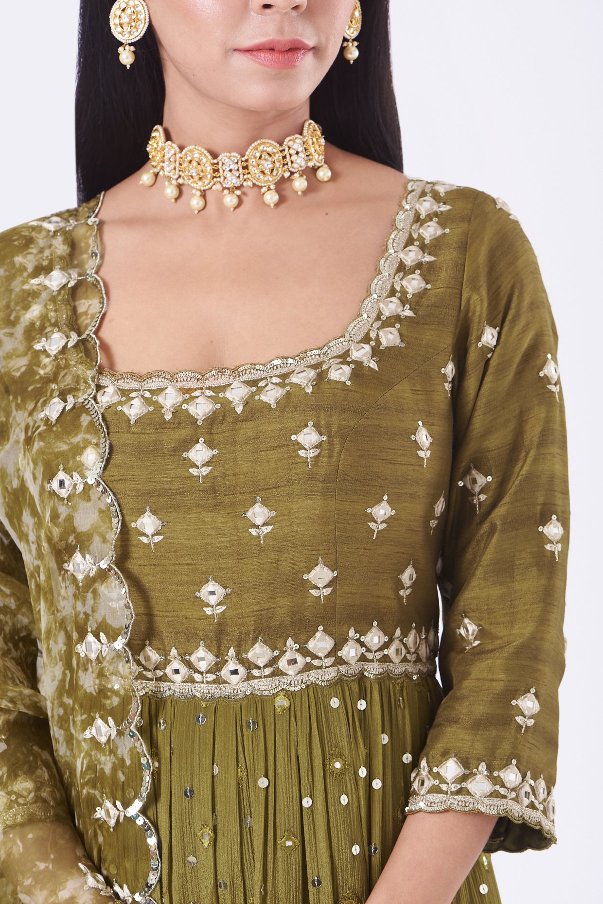 Olive Green Mirror Work Anarkali Set