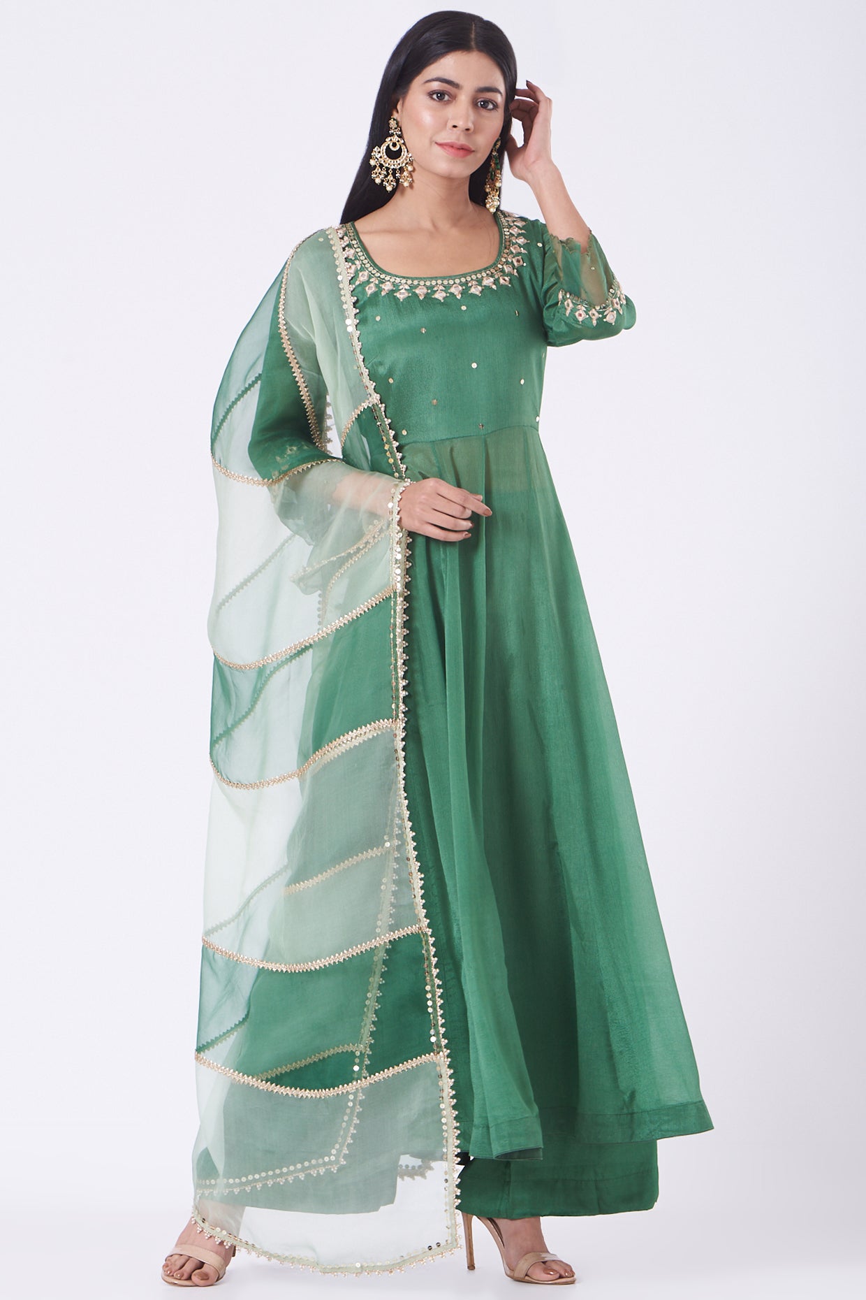 Green Chiffon Mirror Work Anarkali Set