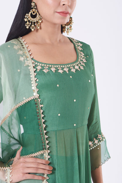 Green Chiffon Mirror Work Anarkali Set