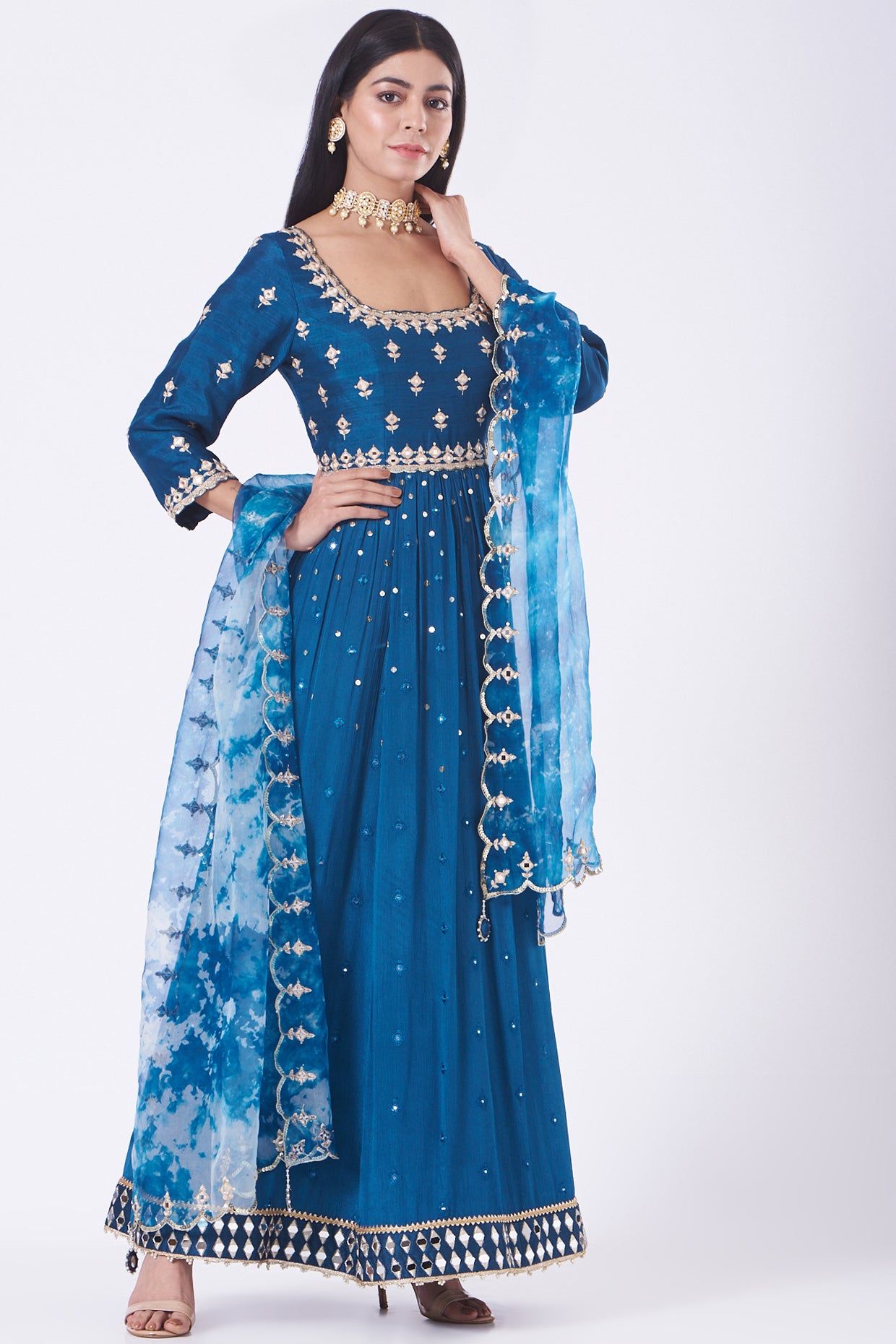 Indigo Mirror Work Anarkali Set