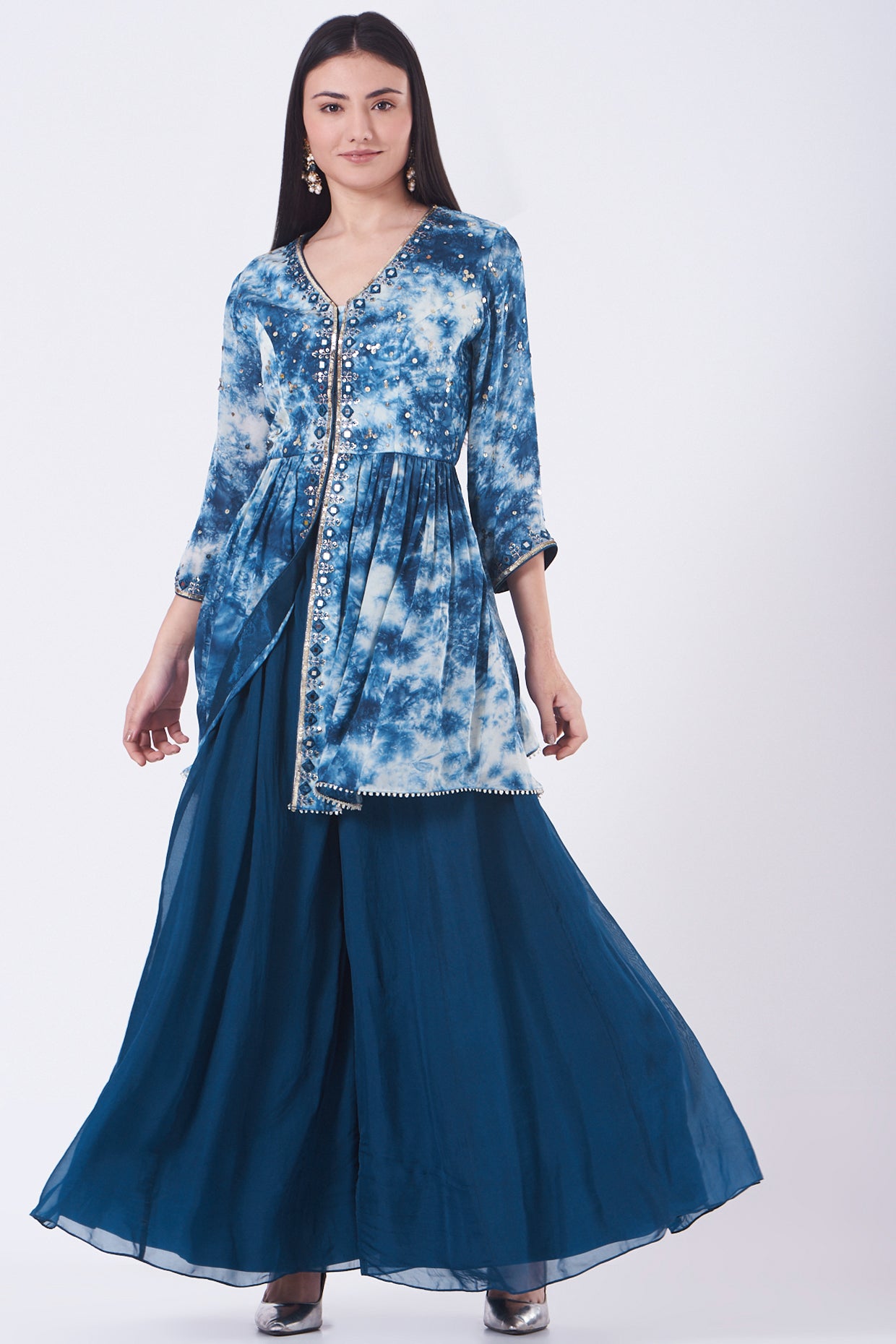 Indigo Mirror Work Peplum Sharara Set