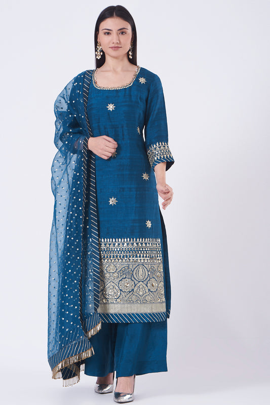 Indigo Silk Embroidered Straight Kurta Set