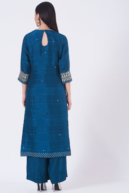 Indigo Silk Embroidered Straight Kurta Set