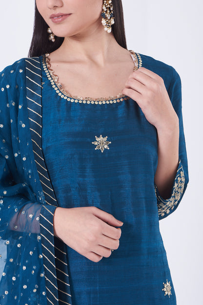 Indigo Silk Embroidered Straight Kurta Set