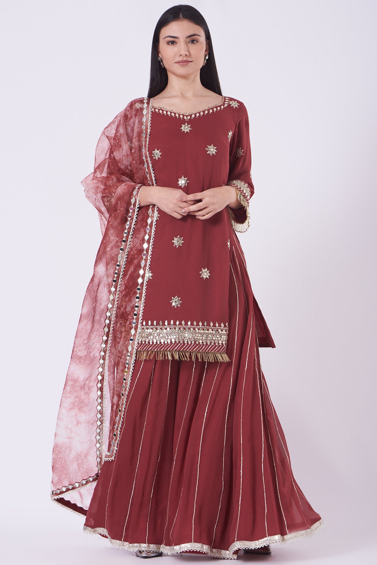 Rust Georgette Embroidered Sharara Set