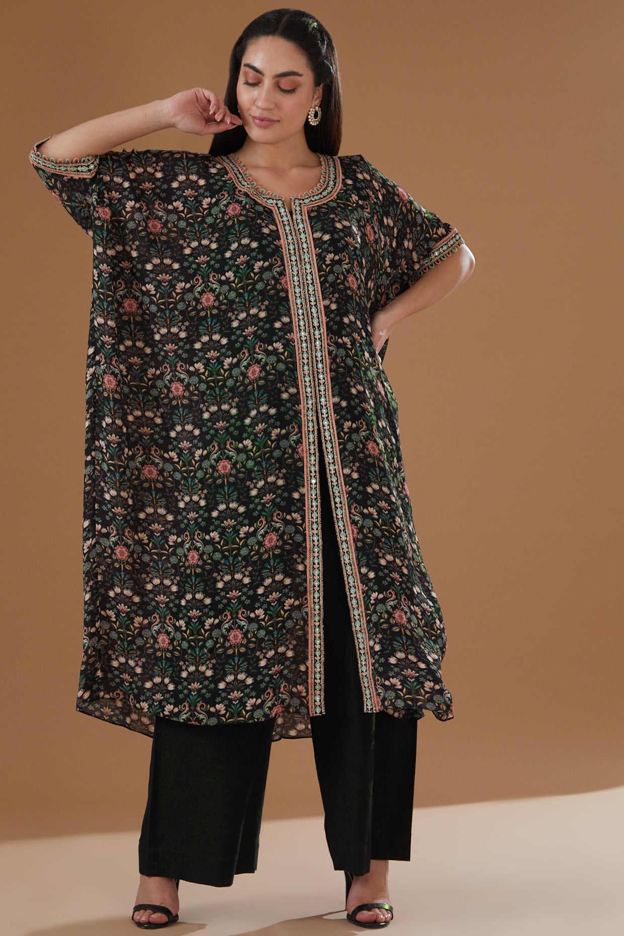 Black Chiffon Floral Printed Kaftan Set