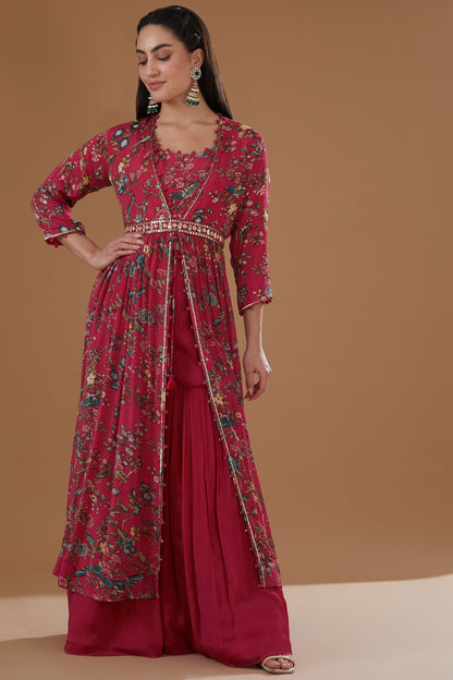 Cherry Red Chiffon Printed & Embroidered Jacket Set