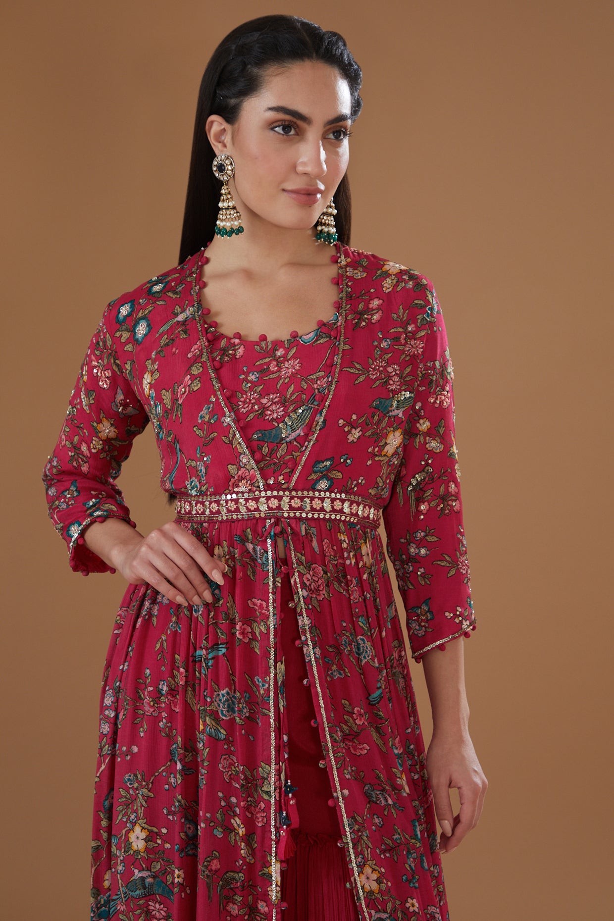 Cherry Red Chiffon Printed & Embroidered Jacket Set