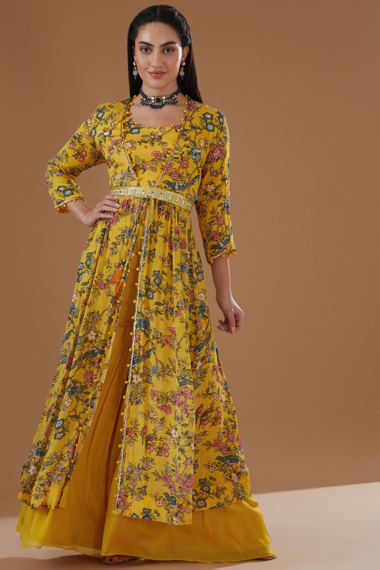 Mustard Chiffon Printed & Embroidered Jacket Set