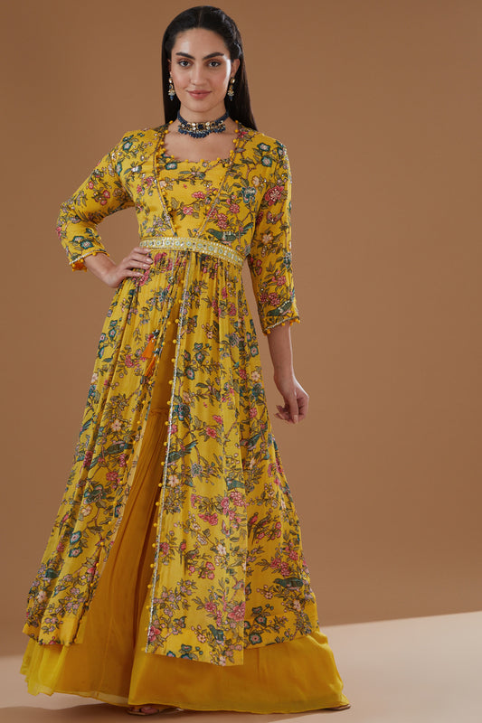 Mustard Chiffon Printed & Embroidered Jacket Set