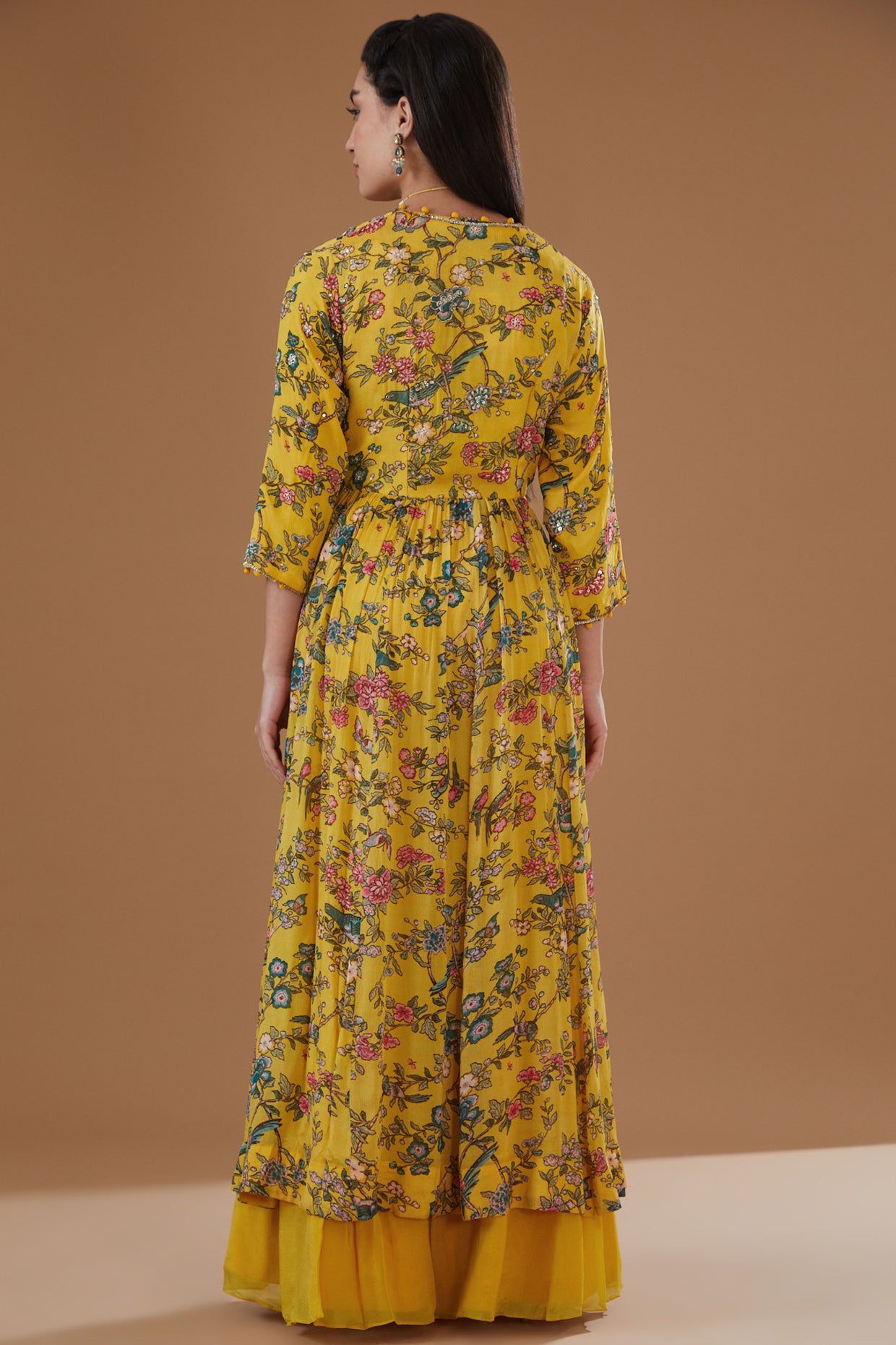 Mustard Chiffon Printed & Embroidered Jacket Set