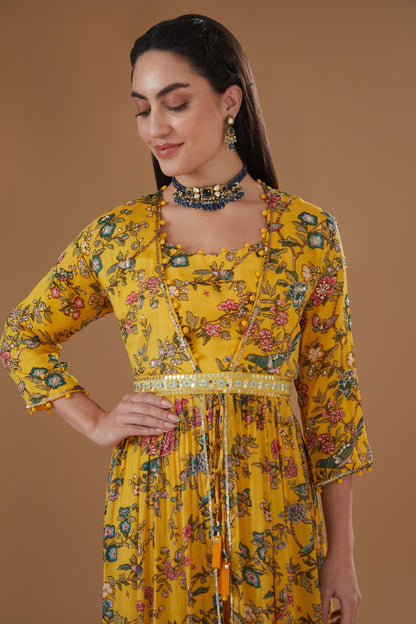 Mustard Chiffon Printed & Embroidered Jacket Set