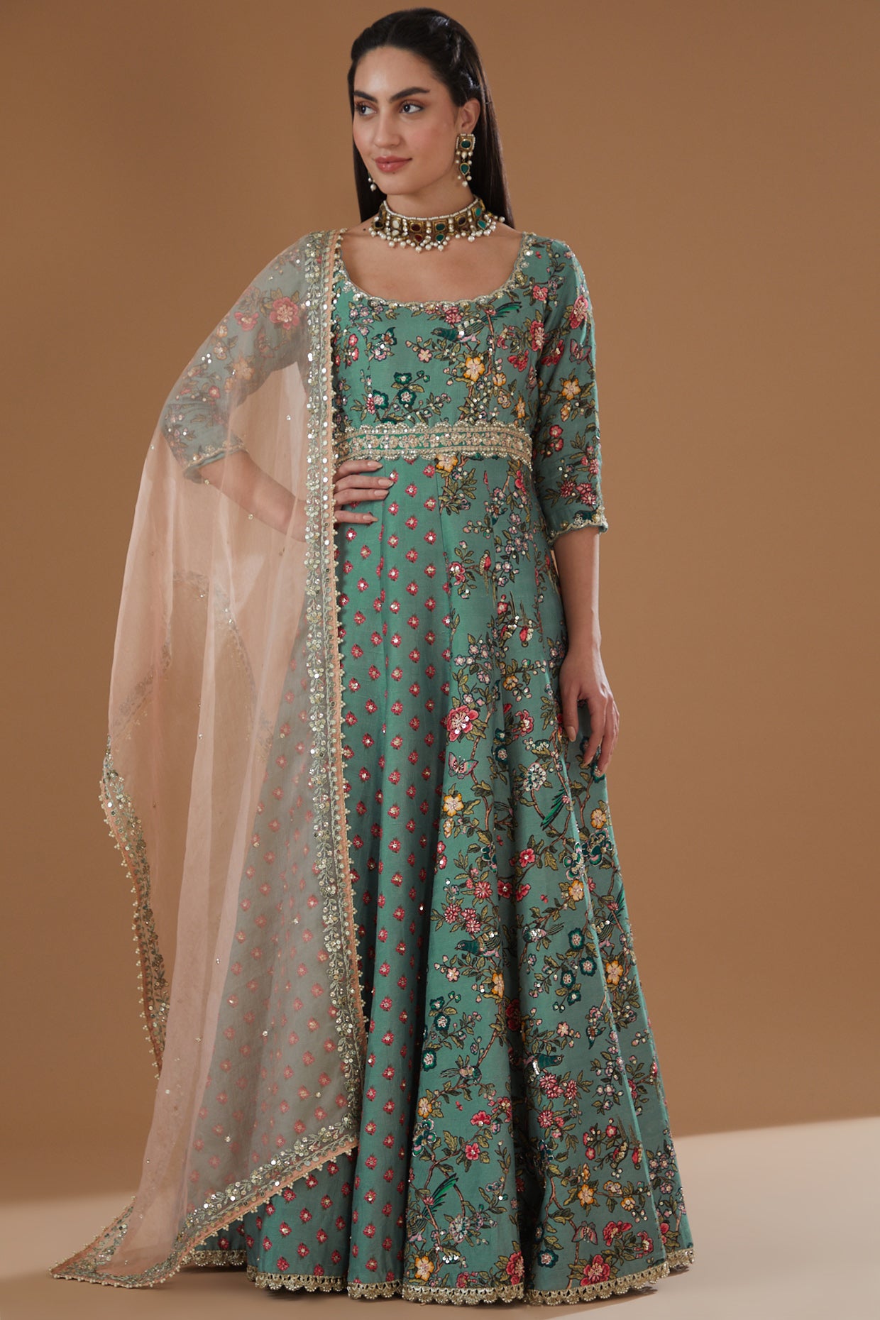 Turquoise Silk Concept Embroidered Anarkali Set