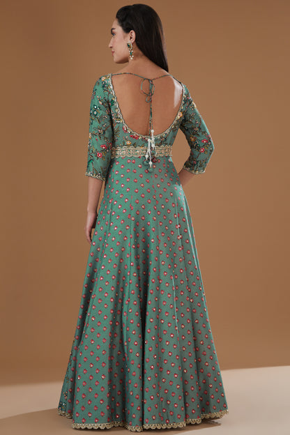 Turquoise Silk Concept Embroidered Anarkali Set