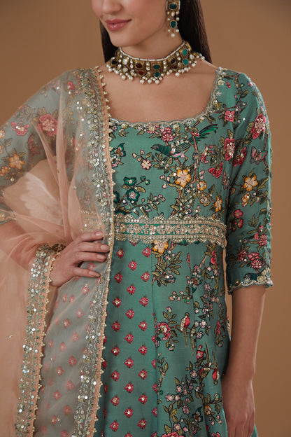 Turquoise Silk Concept Embroidered Anarkali Set