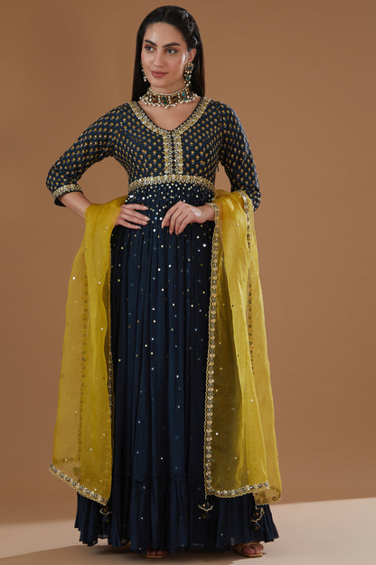 Indigo Printed And Embroidered Flared Anarkali Set