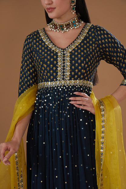 Indigo Printed And Embroidered Flared Anarkali Set