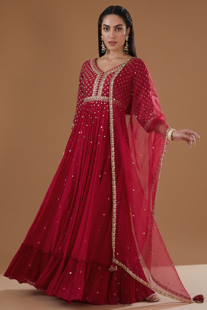 Cherry Red Printed And Embroidered Flared Anarkali Set