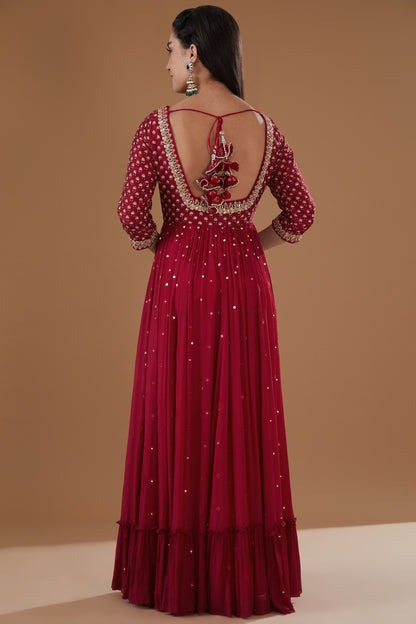 Cherry Red Printed And Embroidered Flared Anarkali Set