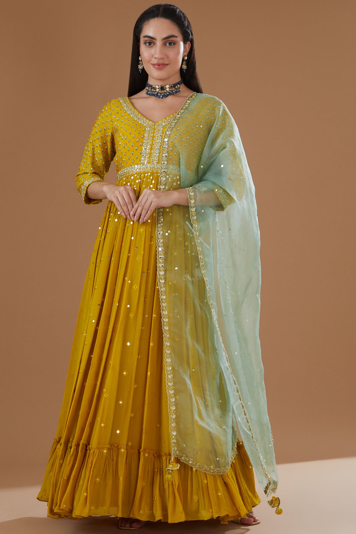 Mustard Printed And Embroidered Flared Anarkali Set