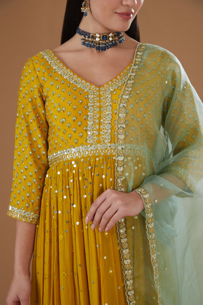 Mustard Printed And Embroidered Flared Anarkali Set