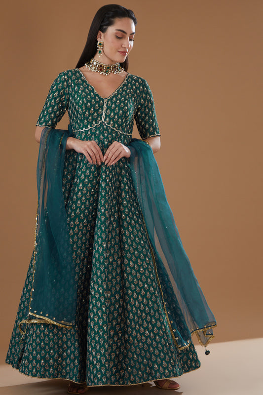 Teal Silk Printed And Embroidered Anarkali Set