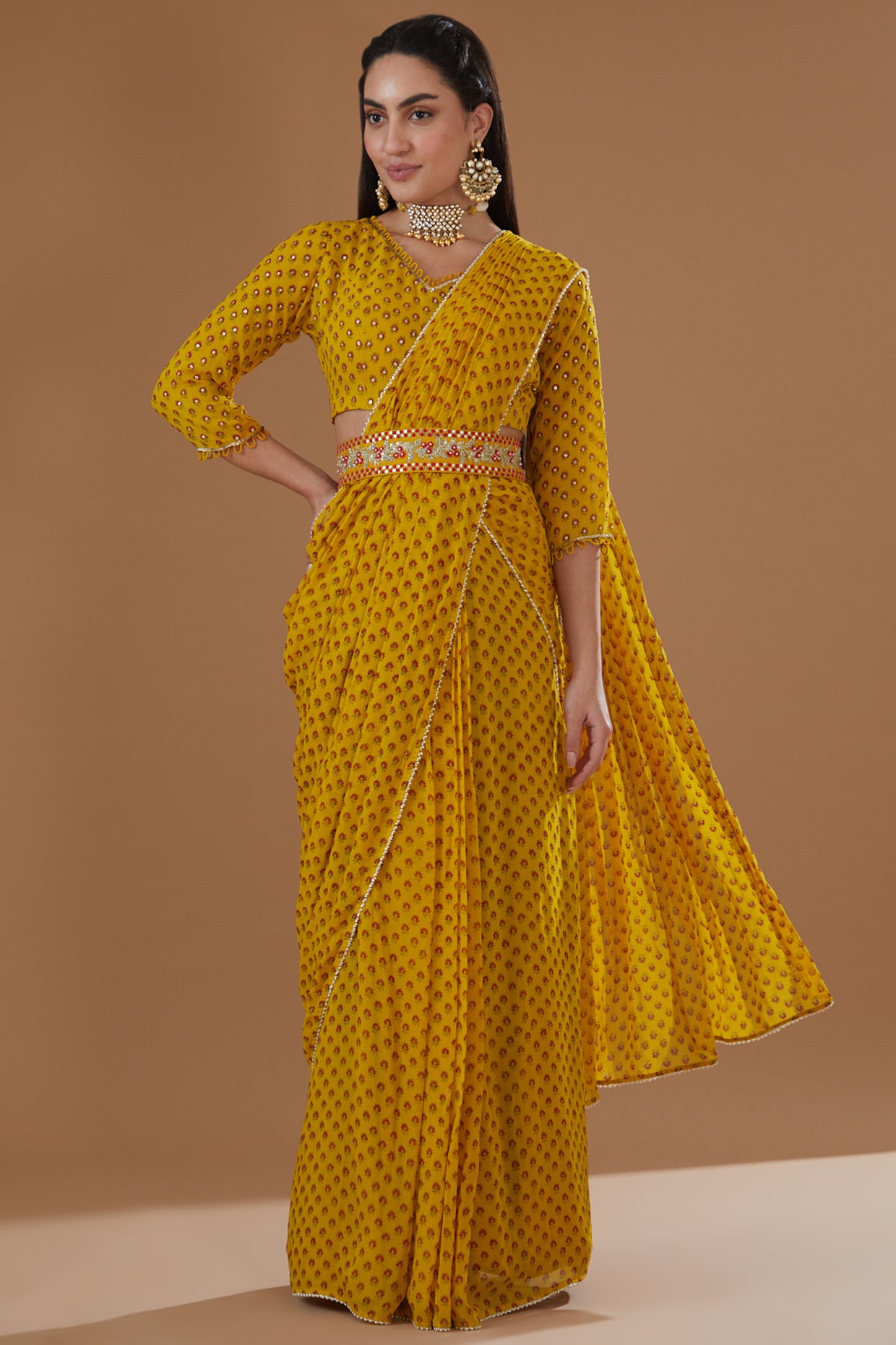 Mustard Printed Georgette Draped Saree Set