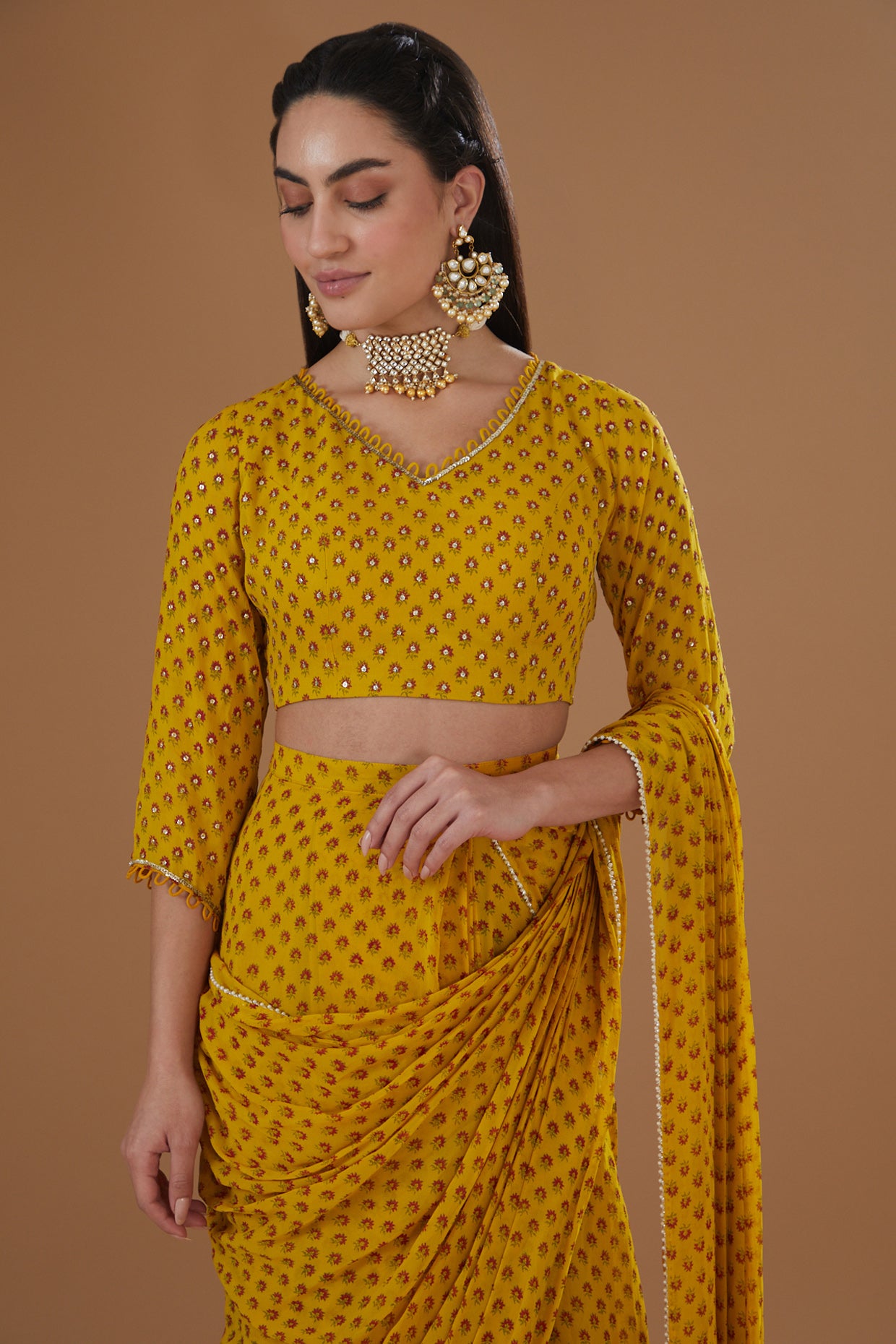 Mustard Printed Georgette Draped Saree Set