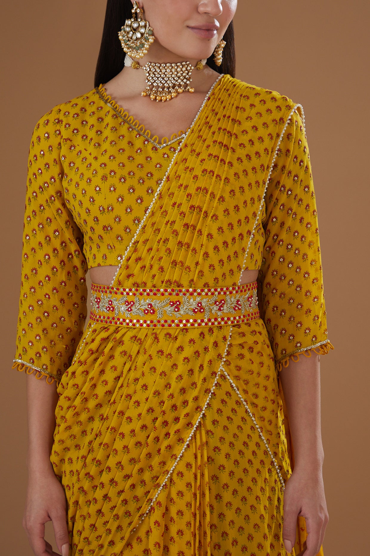 Mustard Printed Georgette Draped Saree Set