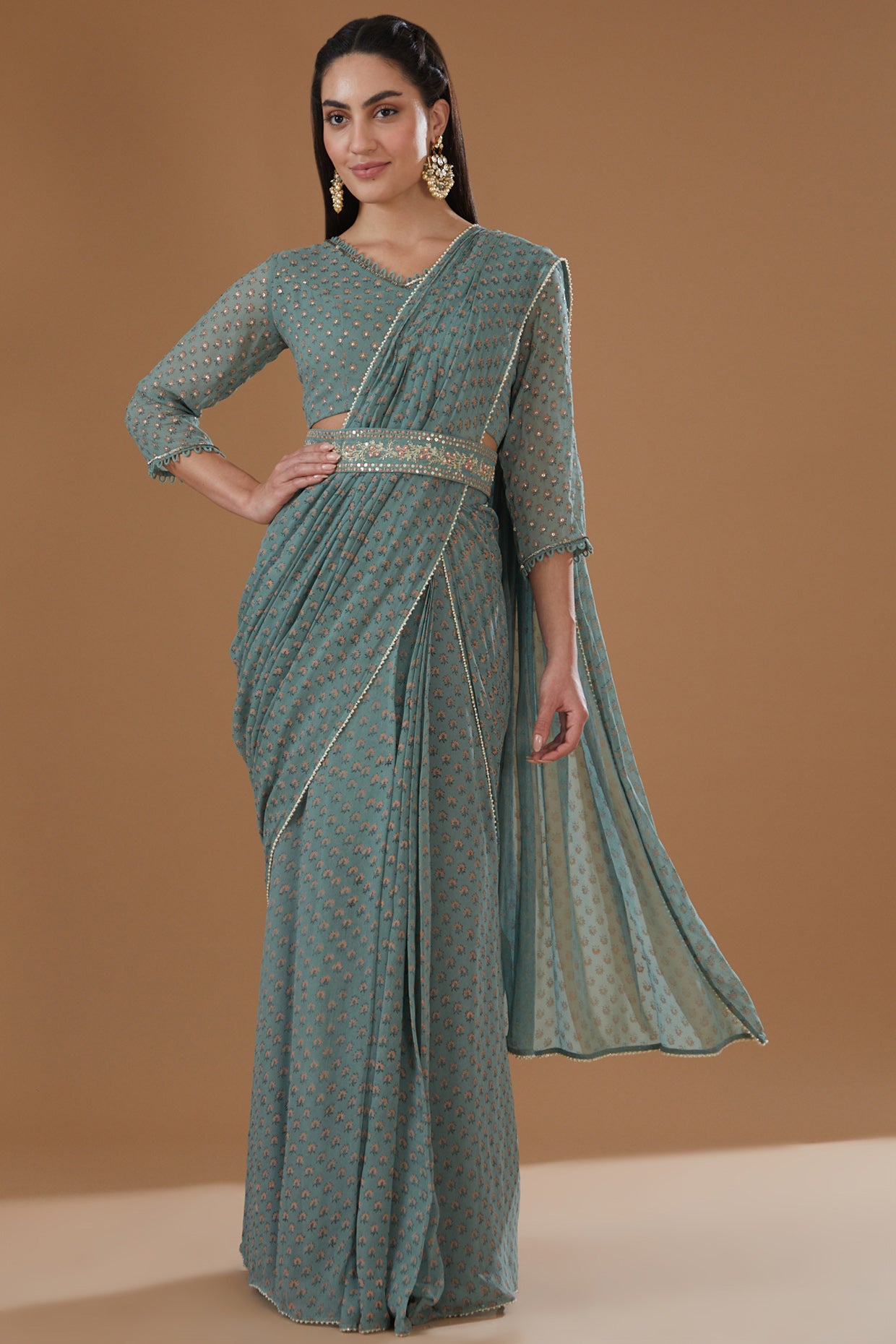 Aqua Printed Georgette Draped Saree Set