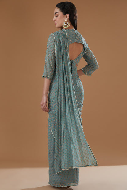 Aqua Printed Georgette Draped Saree Set